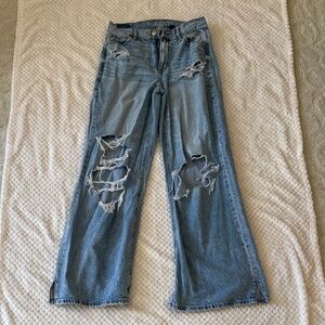 American Eagle Outfitters Light Blue High-Rise Distressed Wide-Leg Jeans